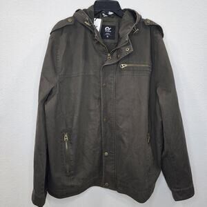 Whattry Men’s Utility Jacket XL Brown Hooded Military Field Coat Cargo Casual